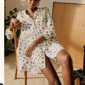 Sezane Aurora Dress White Floral Button-Up Dress blue rose 38 6 tiered short